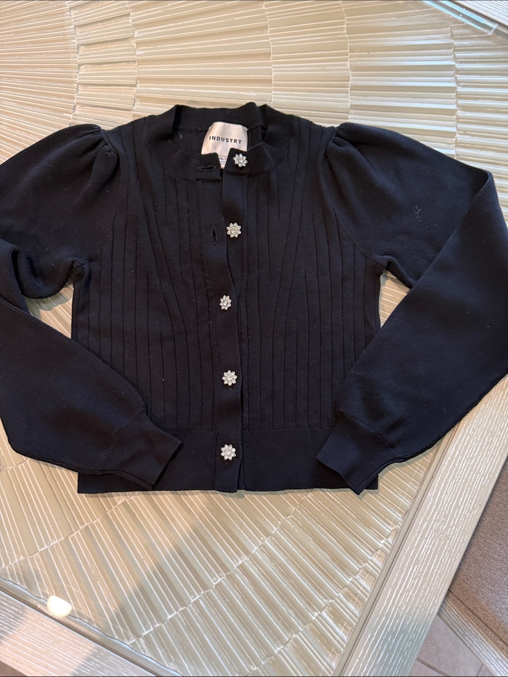 Black Ribbed Cardigan with rhinestone flower Buttons